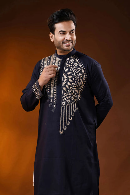 Navy blue designer cotton panjabi for men with mandala kantha work 6