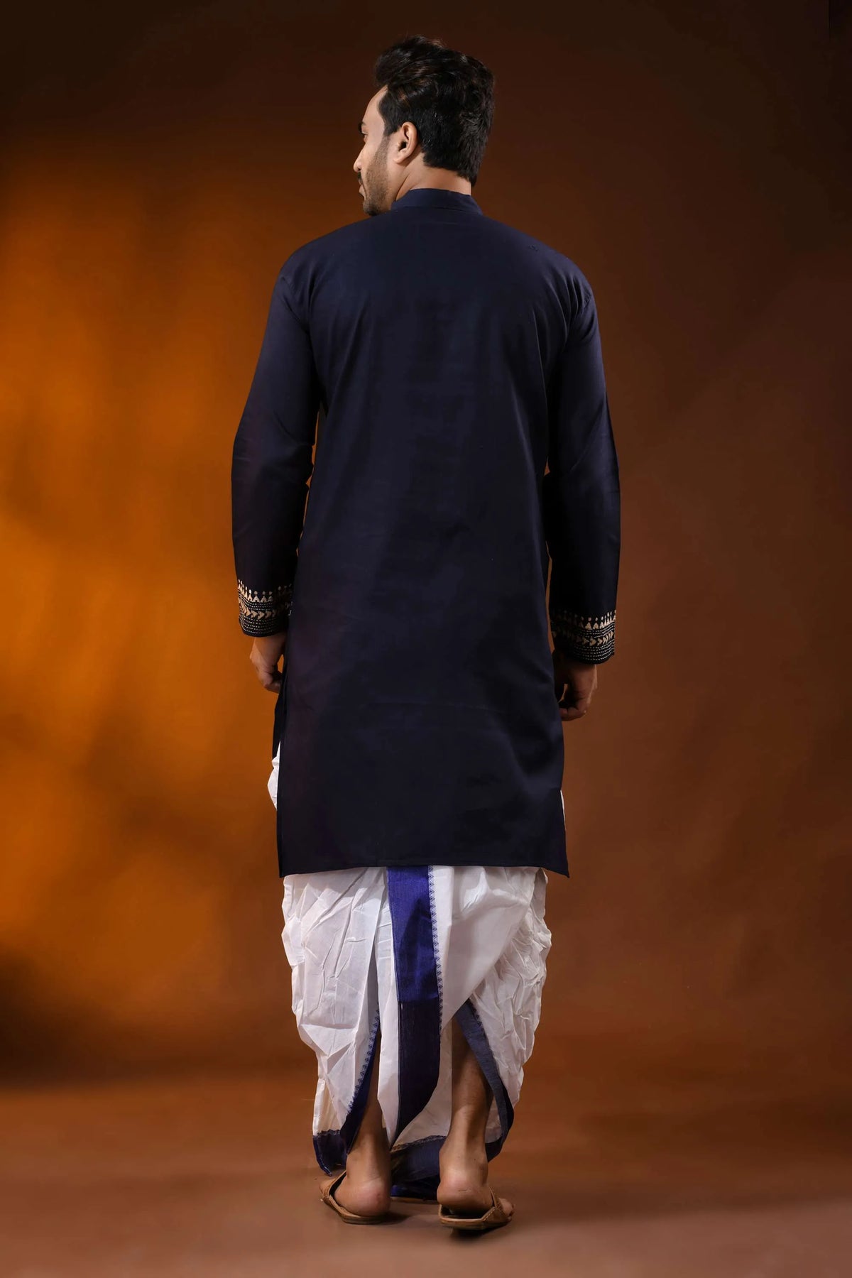 Navy blue designer cotton panjabi for men with mandala kantha work 5