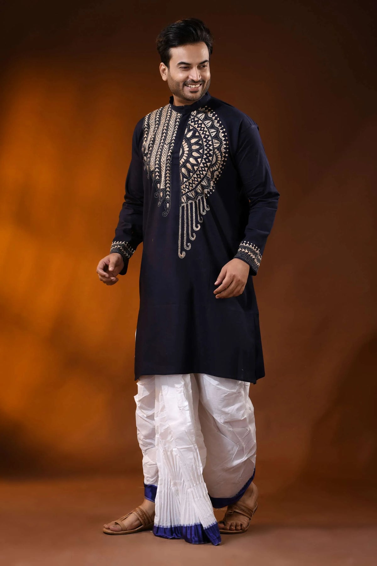 Navy blue designer cotton panjabi for men with mandala kantha work 4