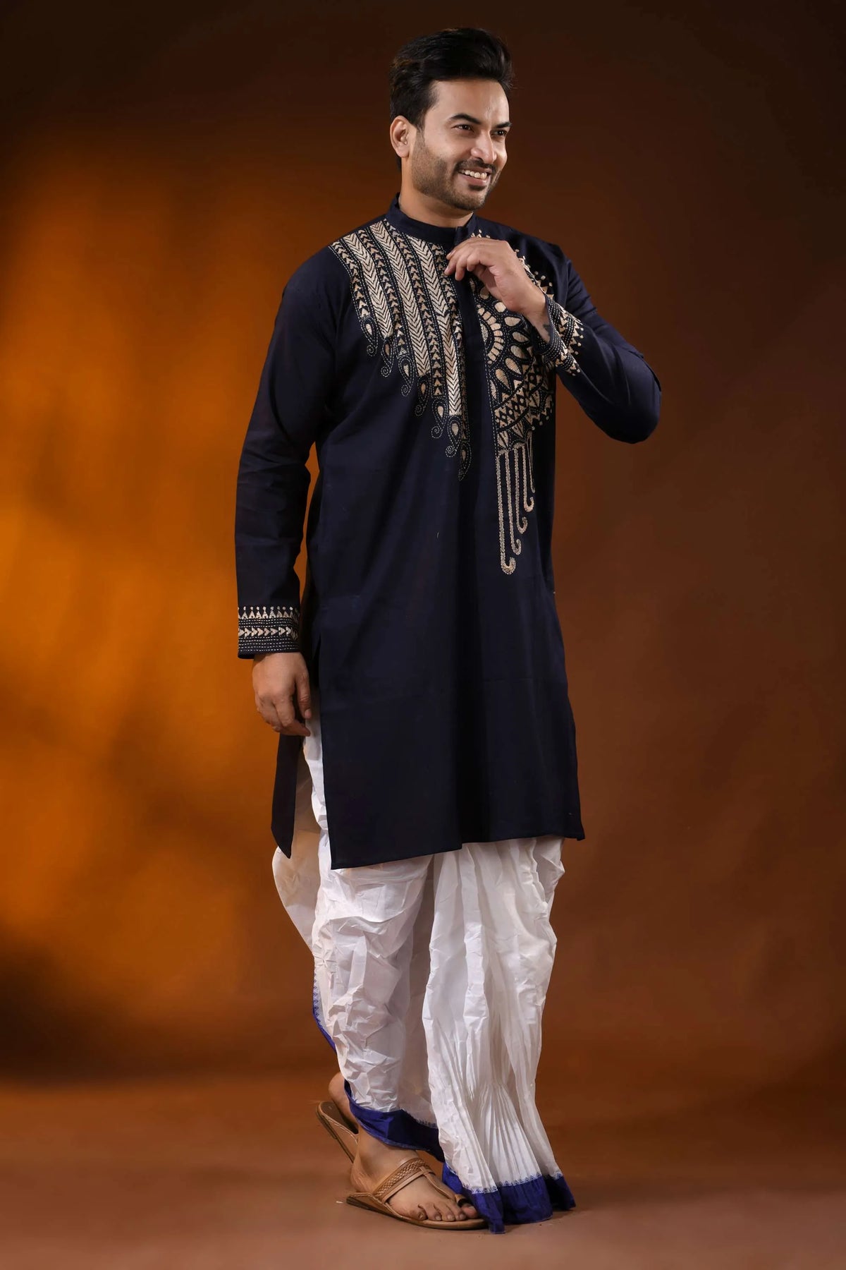 Navy blue designer cotton panjabi for men with mandala kantha work 3