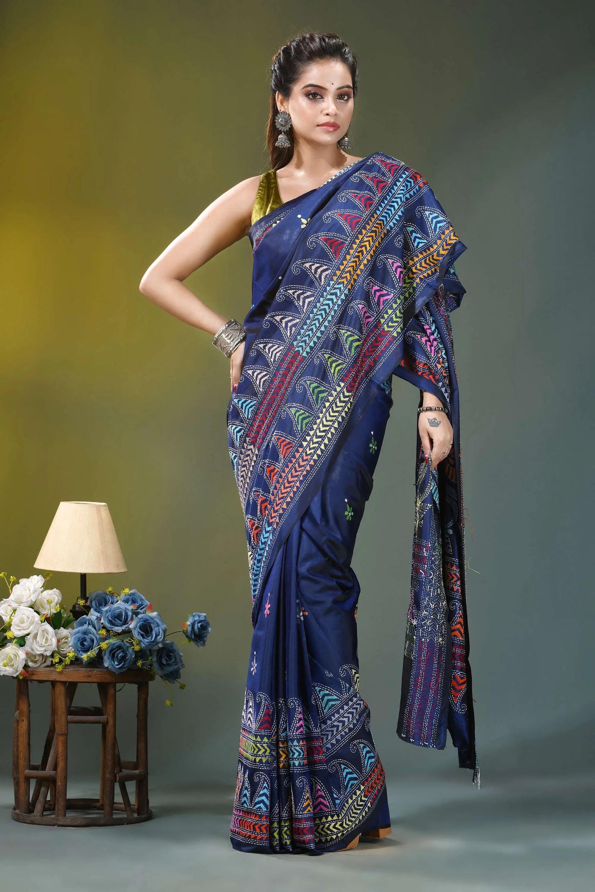 Navy blue ethnic design handcrafted silk kantha saree navy blue silk saree adorned 4