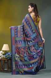 Navy blue ethnic design handcrafted silk kantha saree vibrant navy blue saree adorned 5