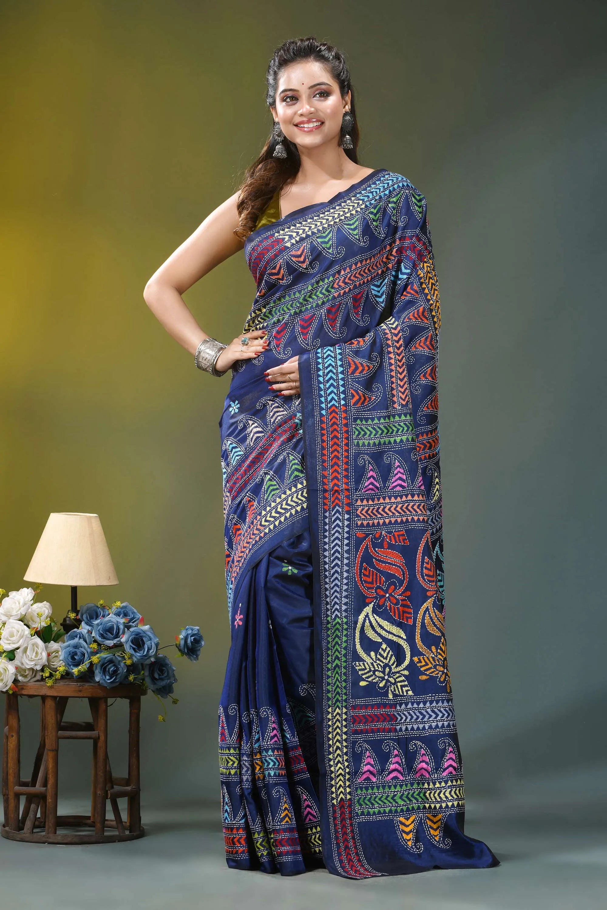 Navy blue ethnic design handcrafted silk kantha saree navy blue saree adorned intricate 6
