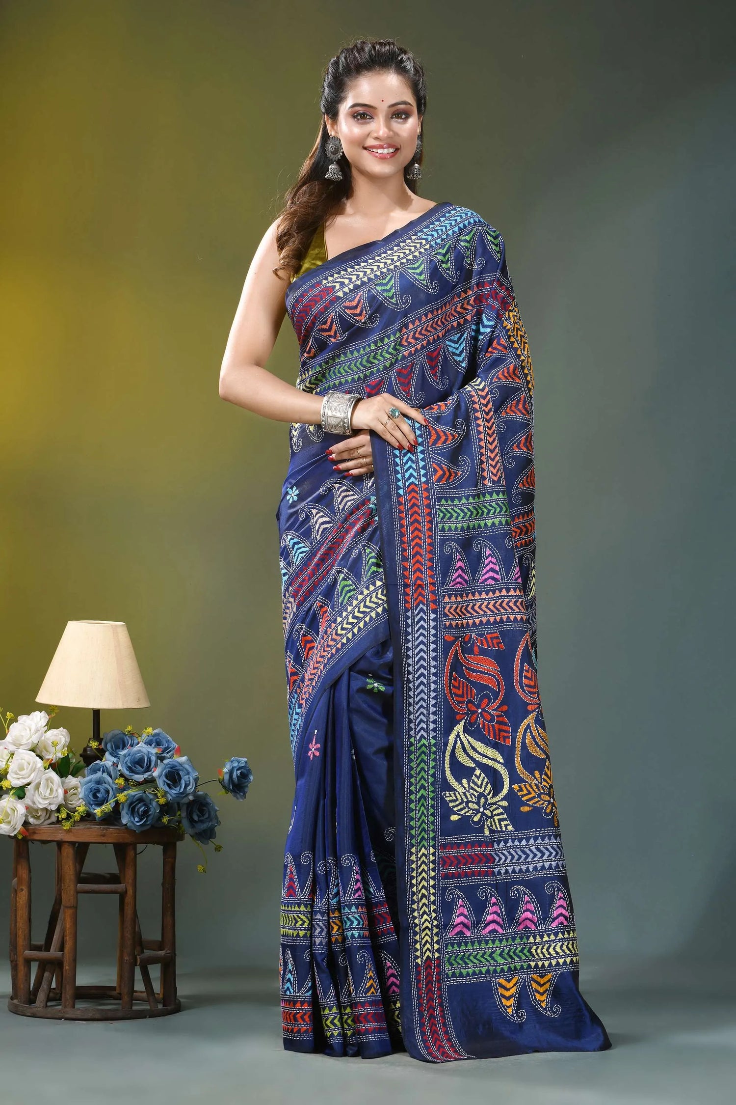 Navy blue ethnic design handcrafted silk kantha saree vibrant navy blue saree adorned 1