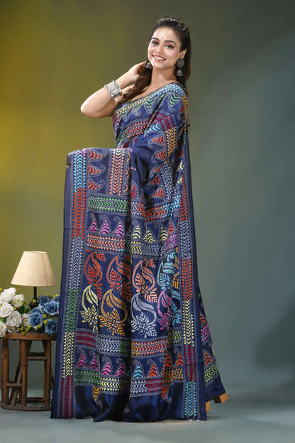 Navy blue ethnic design handcrafted silk kantha saree navy blue silk saree adorned 3