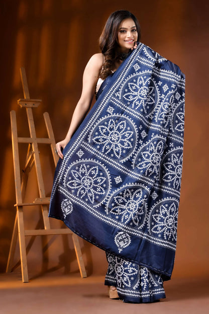 Navy blue ethnic silk hand embroidered kutch embroidery saree 4