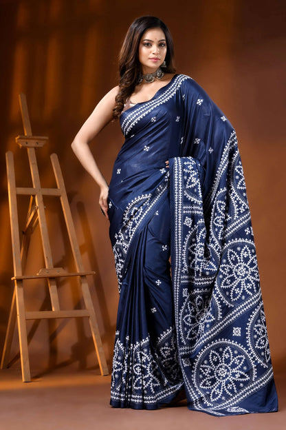 Navy blue ethnic silk hand embroidered kutch embroidery saree 1