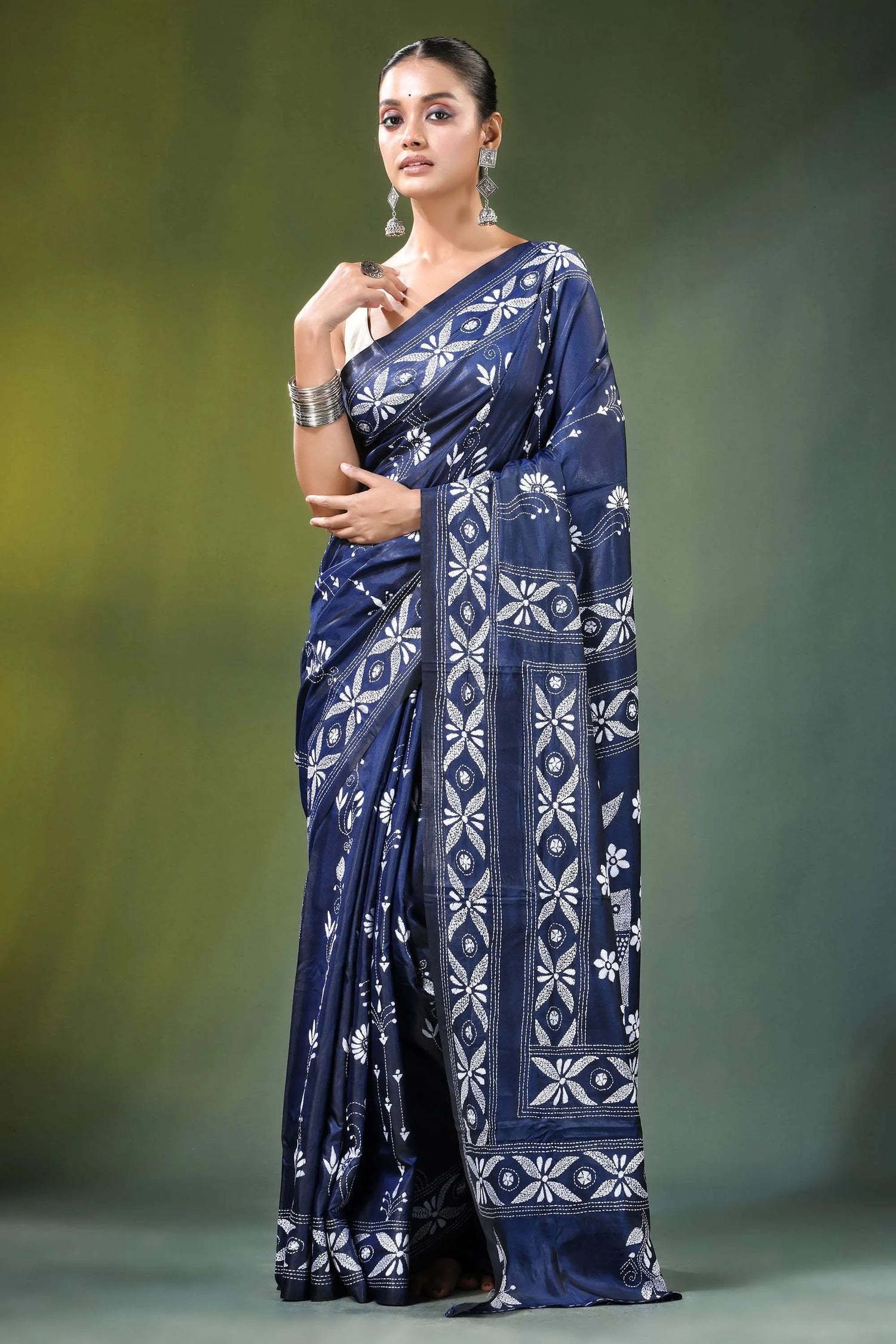 Navy blue fish motif handcrafted silk kantha stitch saree intricate white 6