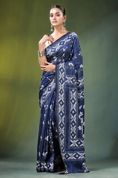 Navy blue fish motif handcrafted silk kantha stitch saree intricate white 6