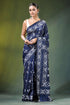 Navy blue fish motif handcrafted silk kantha stitch saree intricate white 1