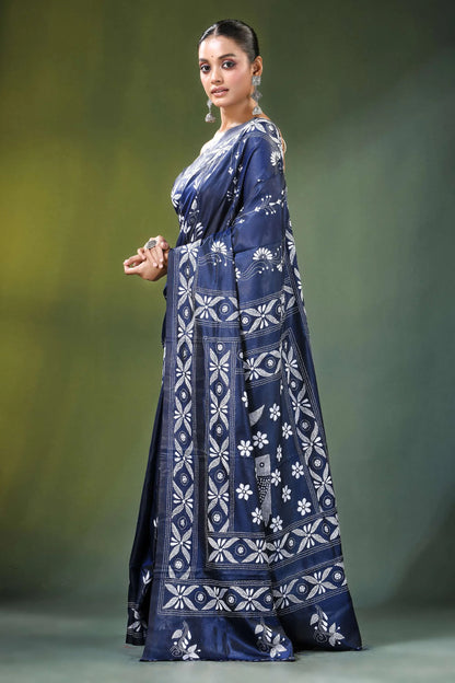 Navy blue fish motif handcrafted silk kantha stitch saree intricate white 3