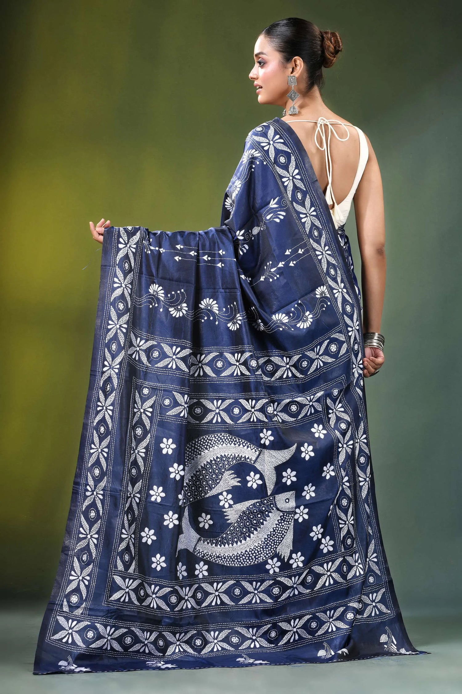 Navy blue fish motif handcrafted silk kantha stitch saree intricate white 5