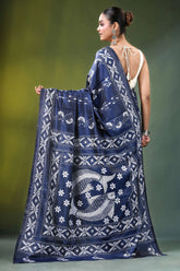 Navy blue fish motif handcrafted silk kantha stitch saree intricate white 5