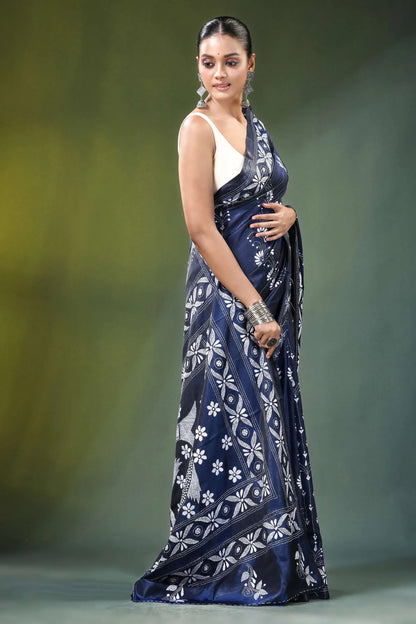 Navy blue fish motif handcrafted silk kantha stitch saree intricate white 4