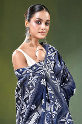 Navy blue fish motif handcrafted silk kantha stitch saree intricate white 2