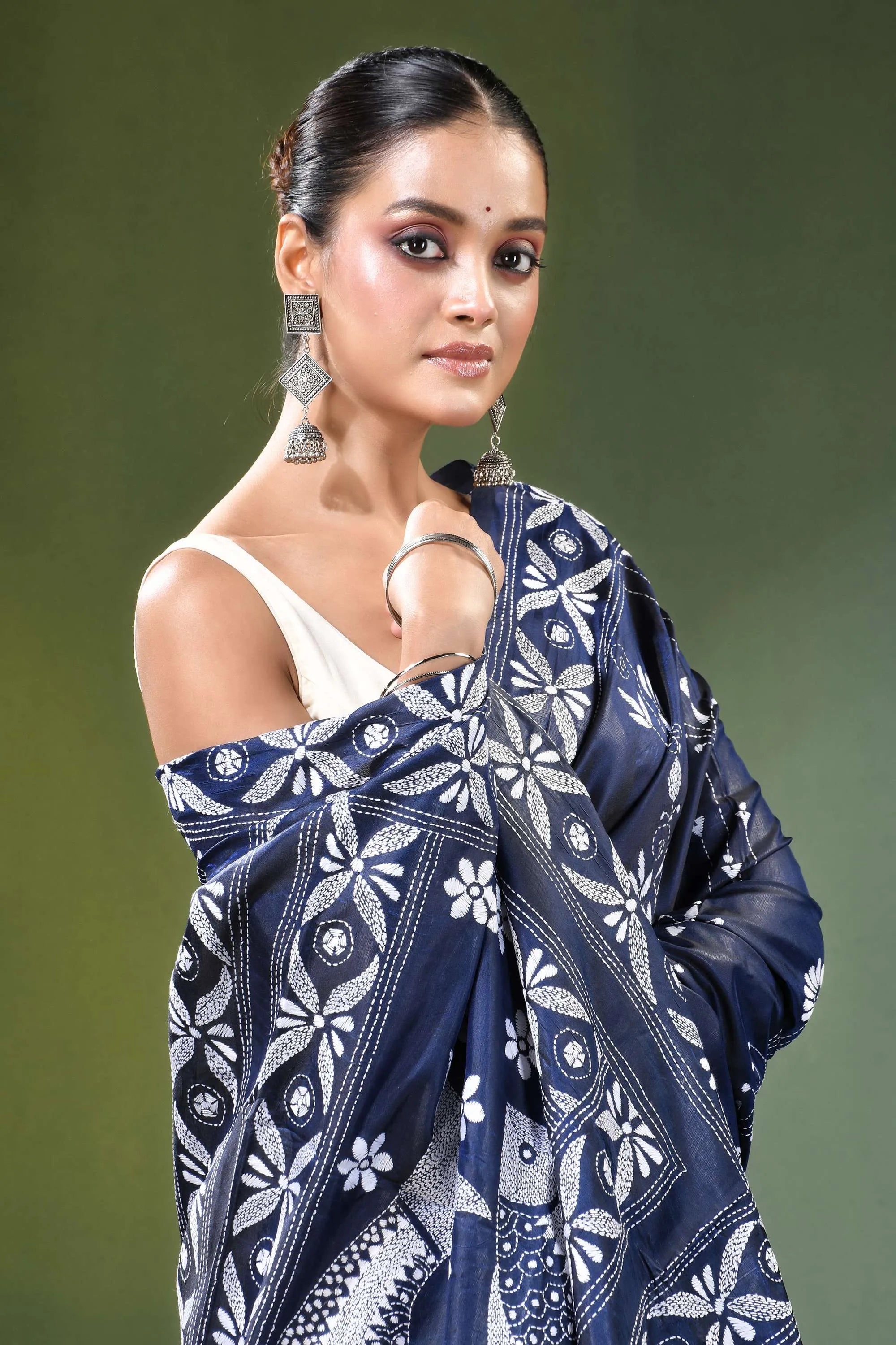 Navy blue fish motif handcrafted silk kantha stitch saree intricate white 2