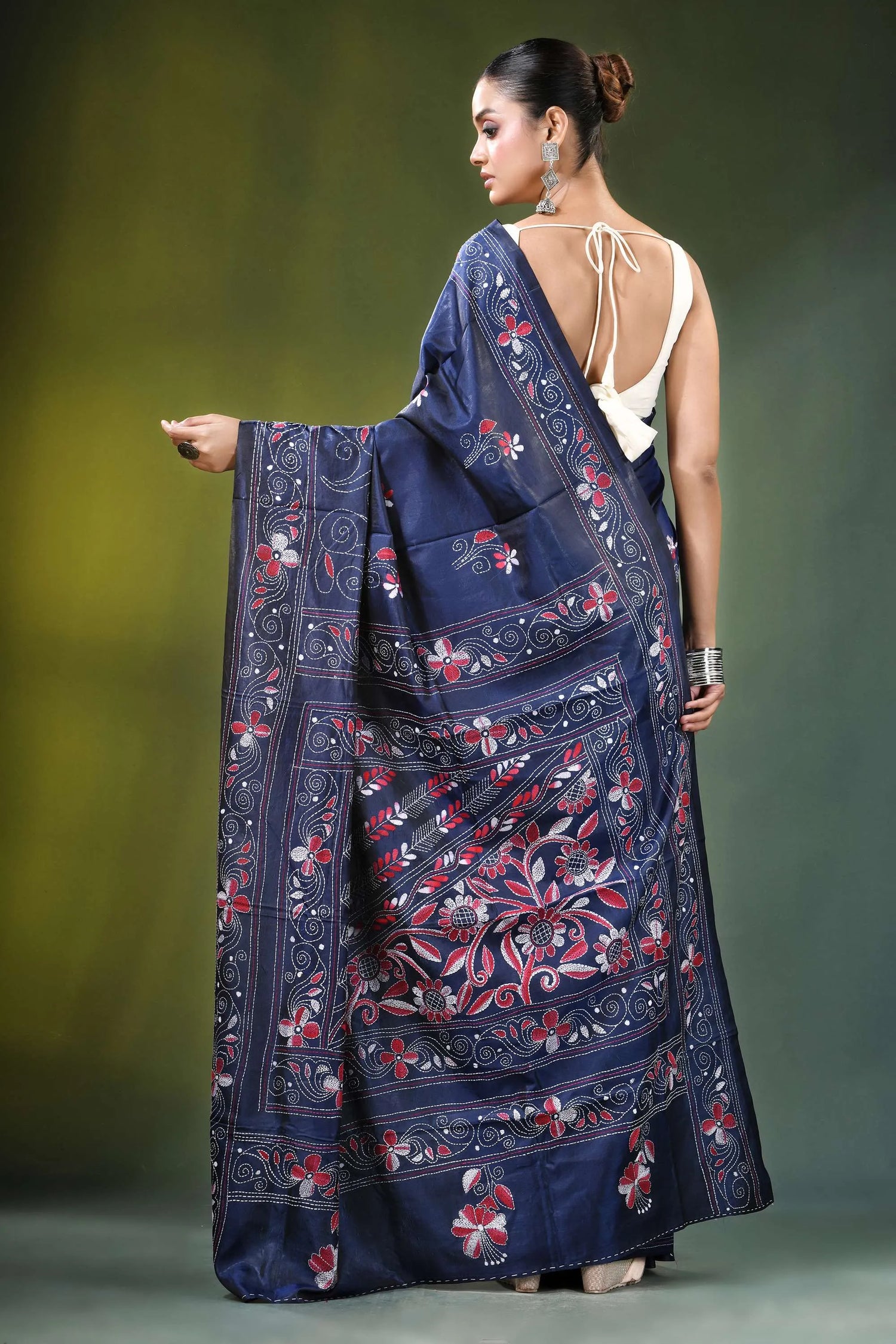Navy blue floral motif handmade silk kantha saree adorned 5