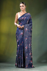 Navy blue floral motif handmade silk kantha saree intricate 1
