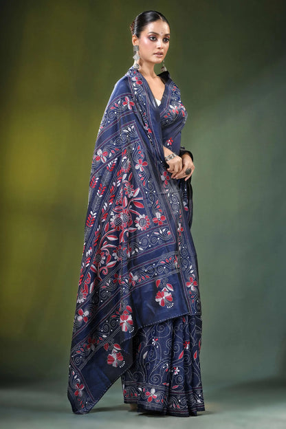 Navy blue floral motif handmade silk kantha saree intricate red 4