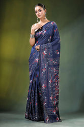 Navy blue floral motif handmade silk kantha saree adorned 6