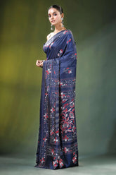 Navy blue floral motif handmade silk kantha saree adorned 3