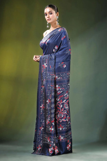 Navy blue floral motif handmade silk kantha saree adorned 3