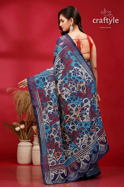 Navy blue floral silk kantha stitch saree reverse floral patterned blue saree 5