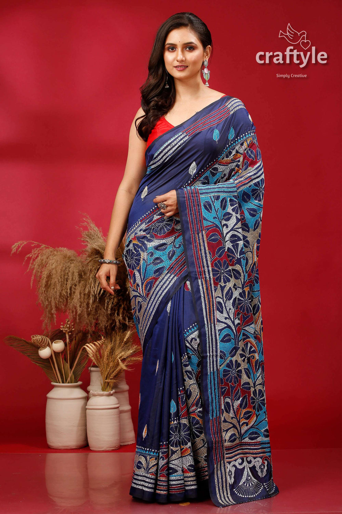 Navy Blue Floral Silk Kantha Stitch Saree - Reverse Stitch - Craftyle