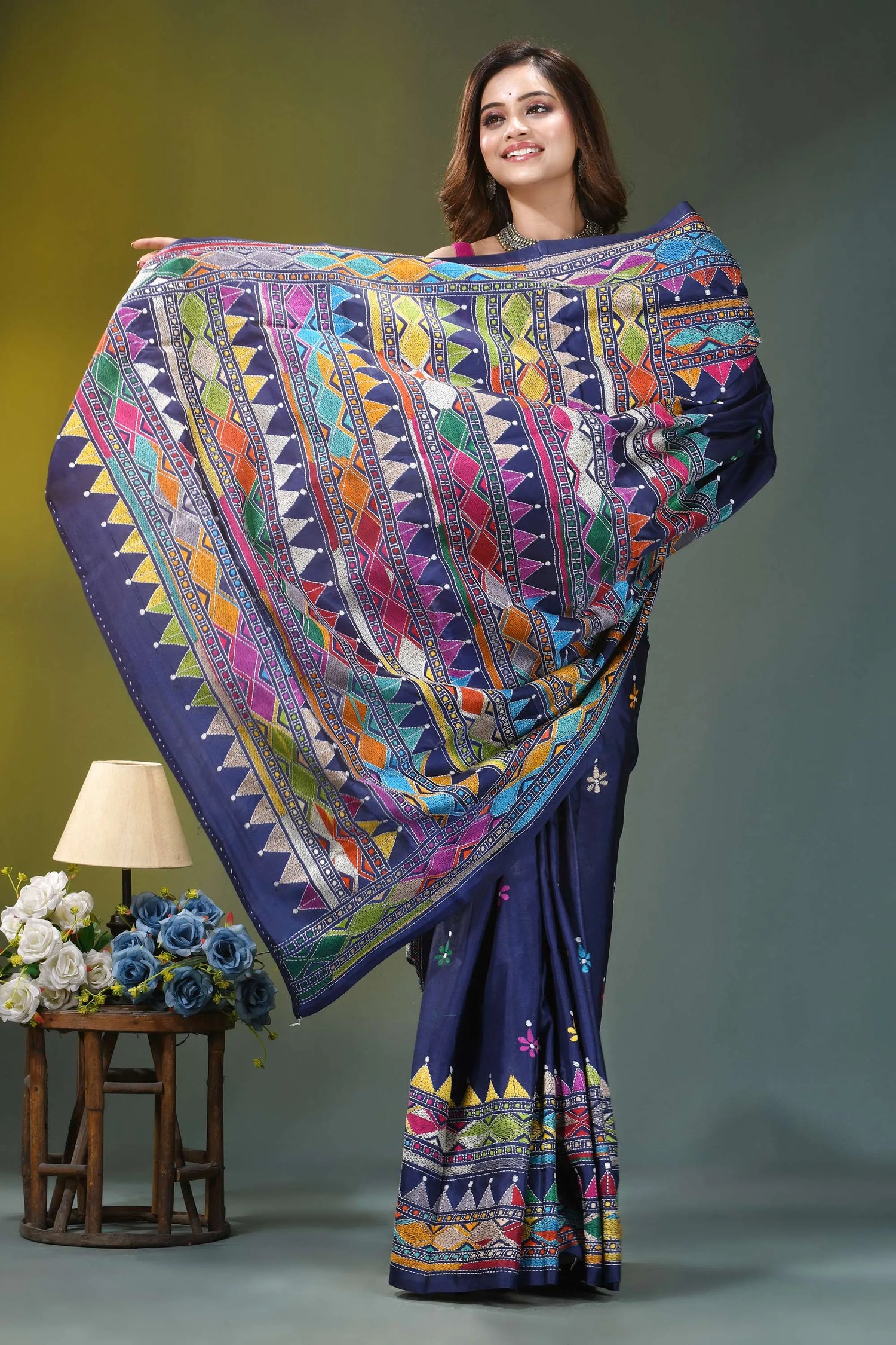 Navy blue geometric pattern handcrafted kantha silk saree vibrant deep blue saree intricate 4