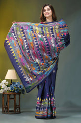 Navy blue geometric pattern handcrafted kantha silk saree vibrant deep blue saree intricate 4