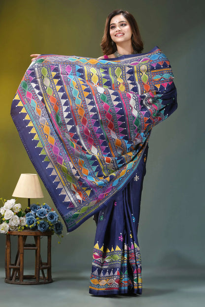 Navy blue geometric pattern handcrafted kantha silk saree vibrant deep blue saree intricate 4