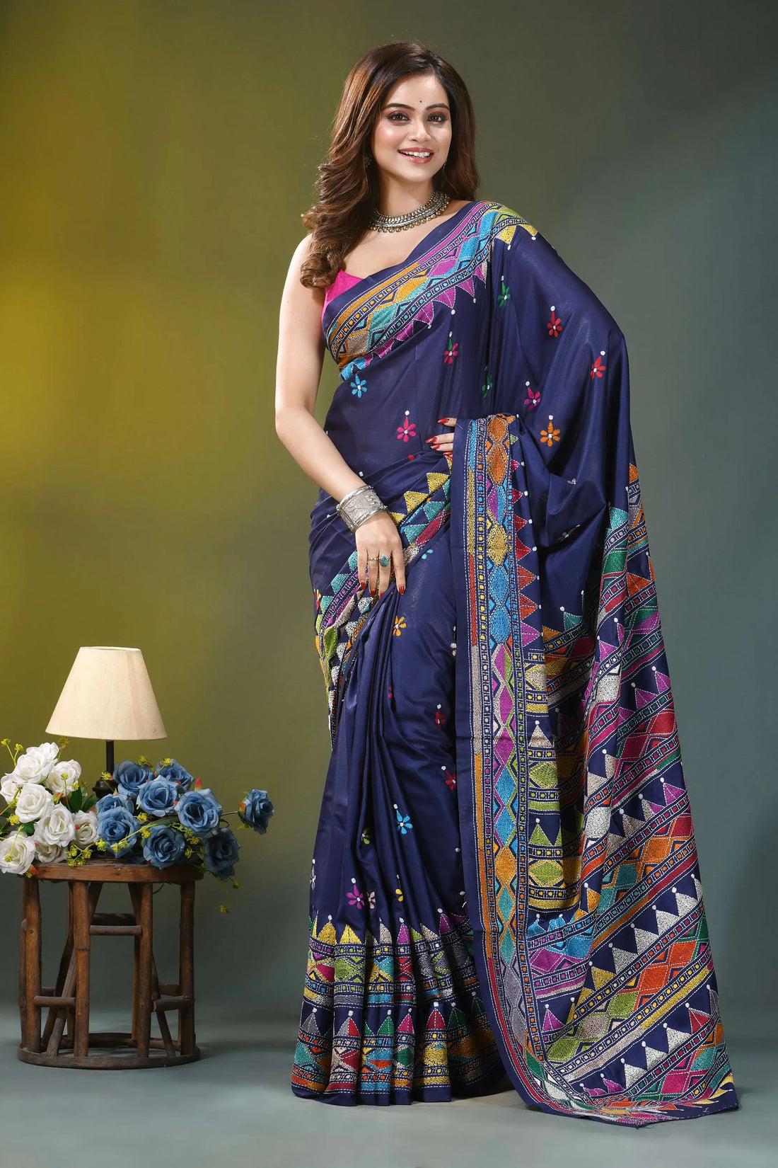 Navy blue geometric pattern handcrafted kantha silk saree navy blue silk saree adorned 1
