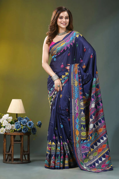 Navy blue geometric pattern handcrafted kantha silk saree navy blue silk saree adorned 1