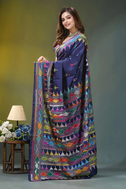 Navy blue geometric pattern handcrafted kantha silk saree vibrant navy blue saree adorned 3