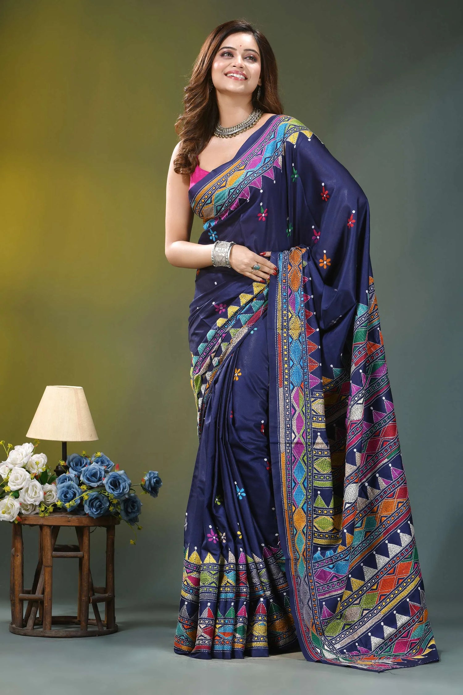 Navy blue geometric pattern handcrafted kantha silk saree navy blue saree vibrant multicolored 6