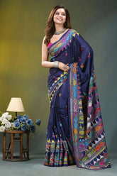 Navy blue geometric pattern handcrafted kantha silk saree navy blue saree vibrant multicolored 6