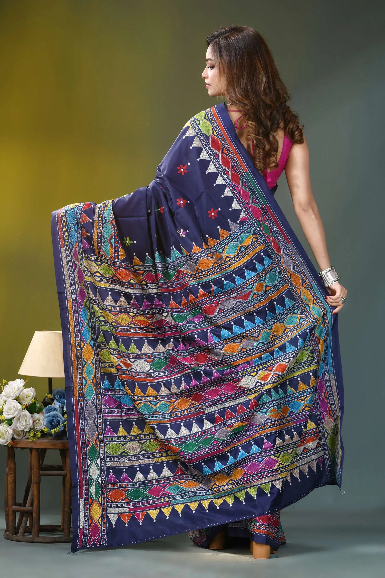 Navy blue geometric pattern handcrafted kantha silk saree vibrant navy blue saree adorned 5