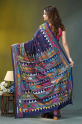 Navy blue geometric pattern handcrafted kantha silk saree vibrant navy blue saree adorned 5