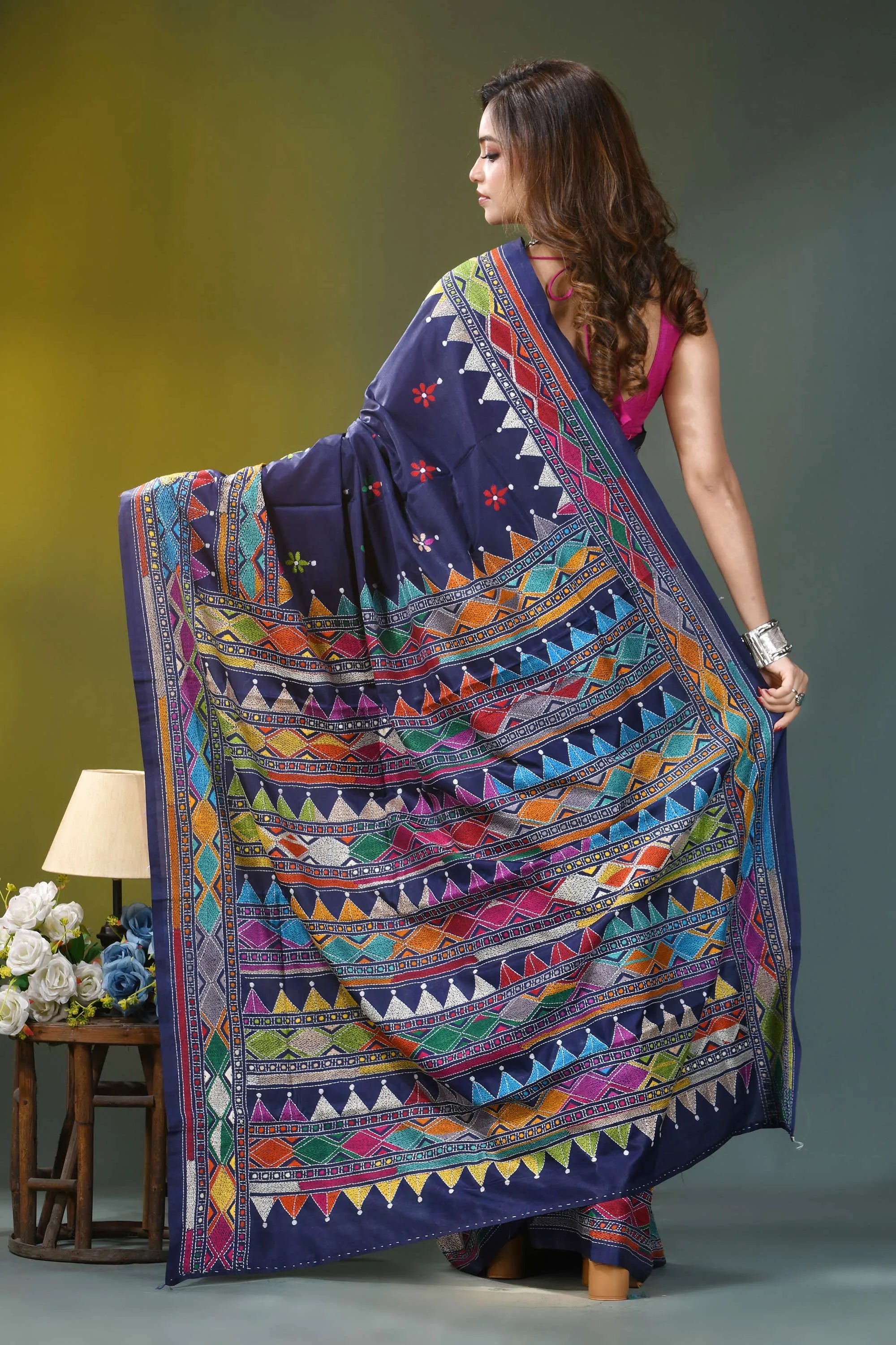 Navy blue geometric pattern handcrafted kantha silk saree vibrant navy blue saree adorned 5