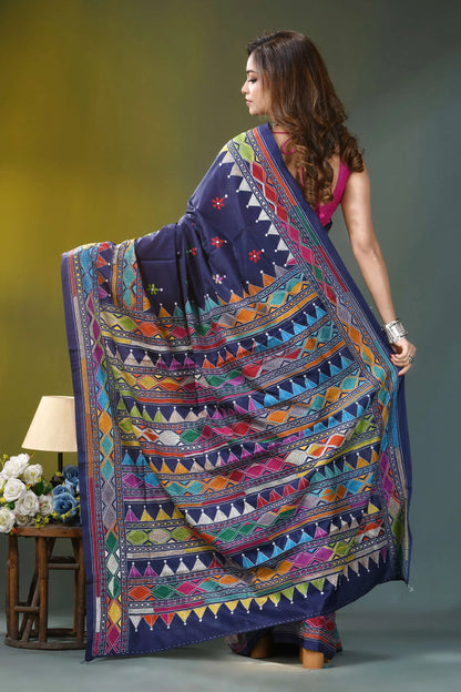 Navy blue geometric pattern handcrafted kantha silk saree vibrant navy blue saree adorned 5