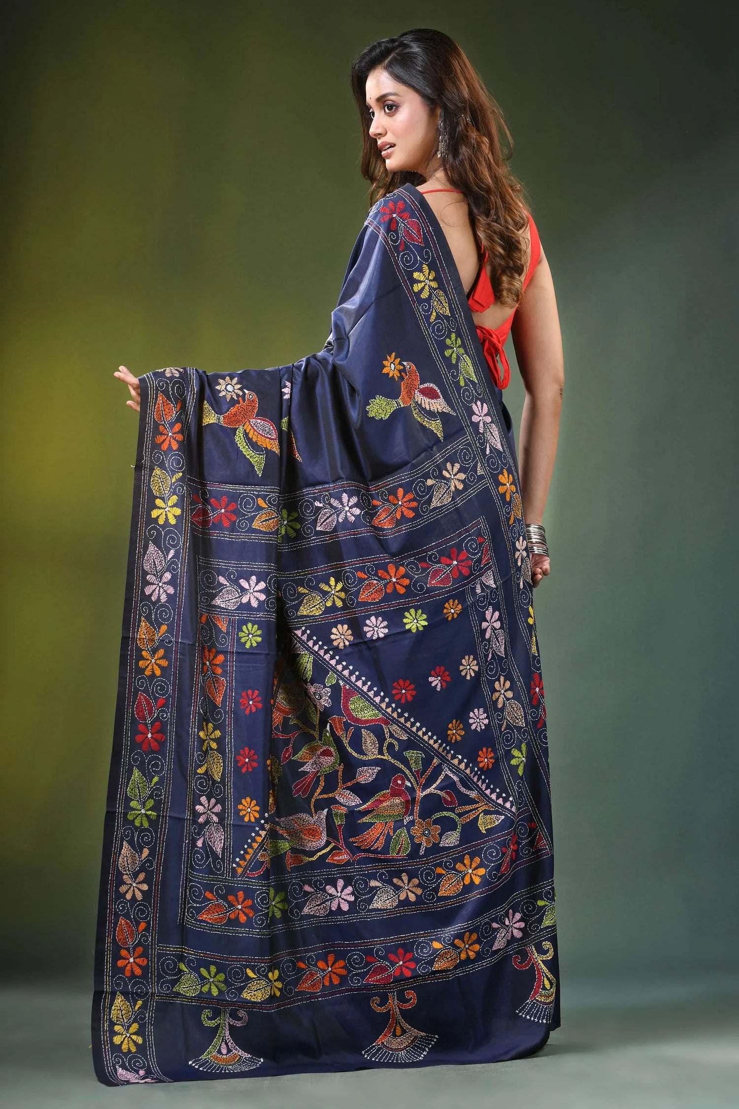 Navy blue hand embroidered bird motif kantha work silk saree adorned 5