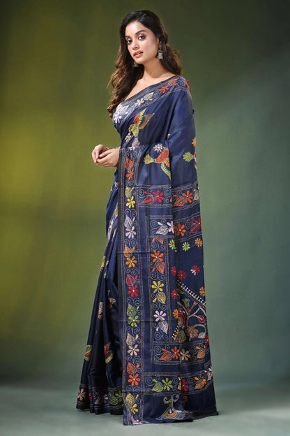 Navy blue hand embroidered bird motif kantha work silk saree adorned 3