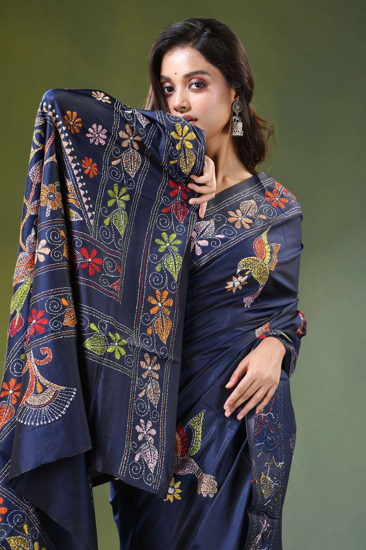 Navy blue hand embroidered bird motif kantha work silk saree adorned 2