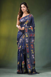 Navy blue hand embroidered bird motif kantha work silk saree adorned 6