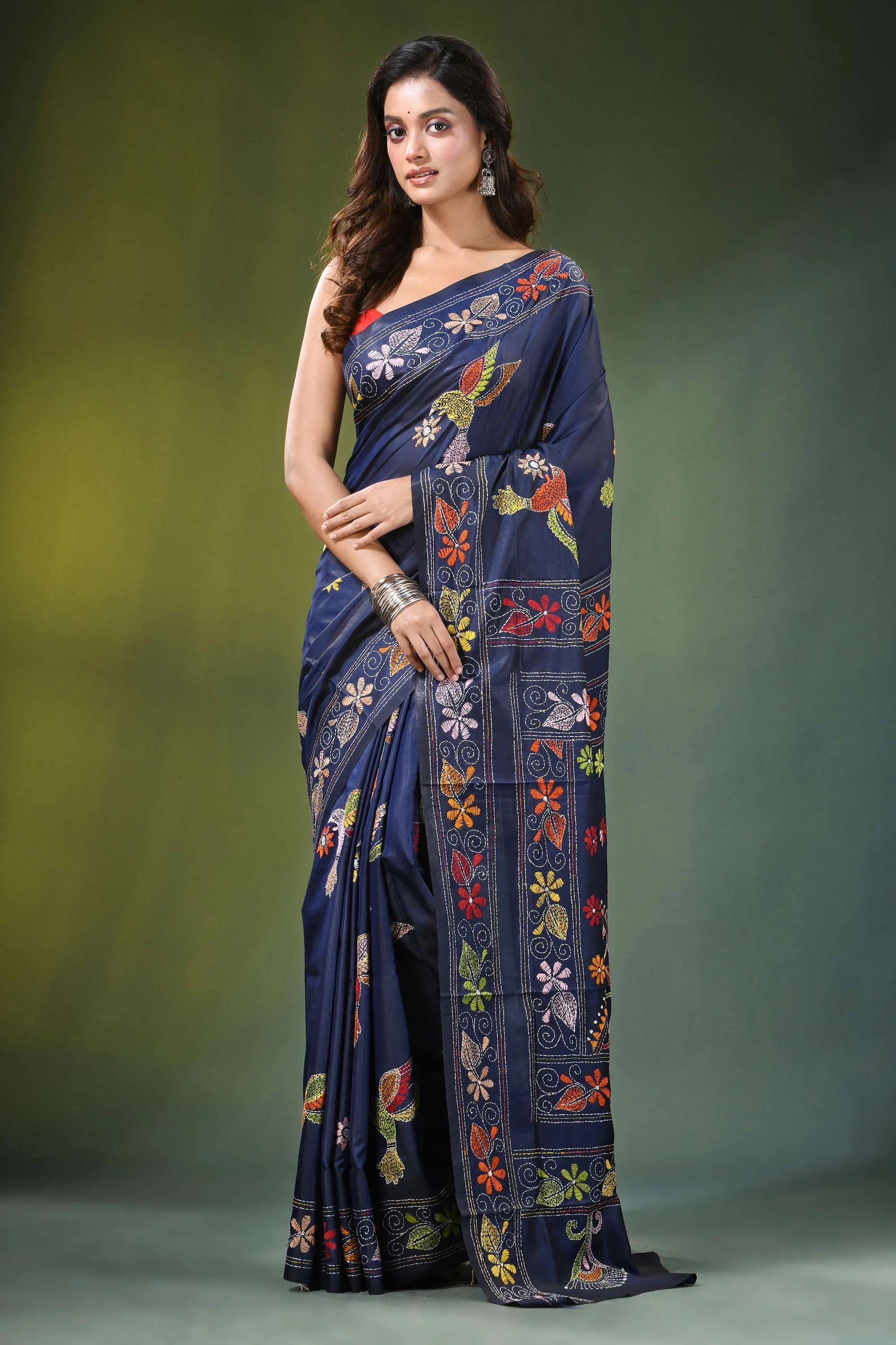 Navy blue hand embroidered bird motif kantha work silk saree adorned 1