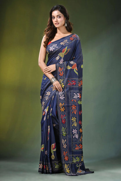 Navy blue hand embroidered bird motif kantha work silk saree adorned 1