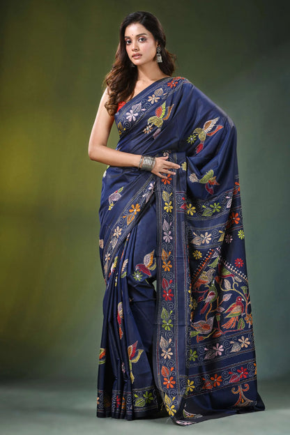 Navy blue hand embroidered bird motif kantha work silk saree adorned 4
