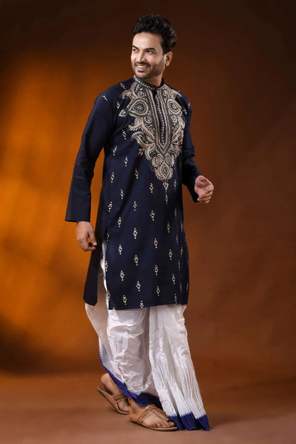 Navy blue hand embroidered cotton kantha punjabi for men - beige paisley 3