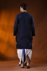 Navy blue hand embroidered cotton kantha punjabi for men - beige paisley 5