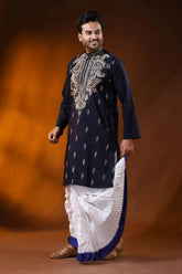 Navy blue hand embroidered cotton kantha punjabi for men - beige paisley 4